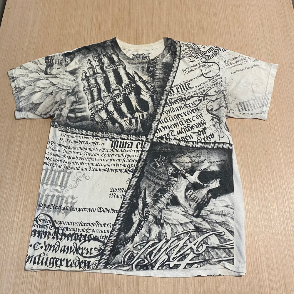 MMA Elite Mens Large Graphic T-Shirt White Black Skull Skeleton Gothic Script L
